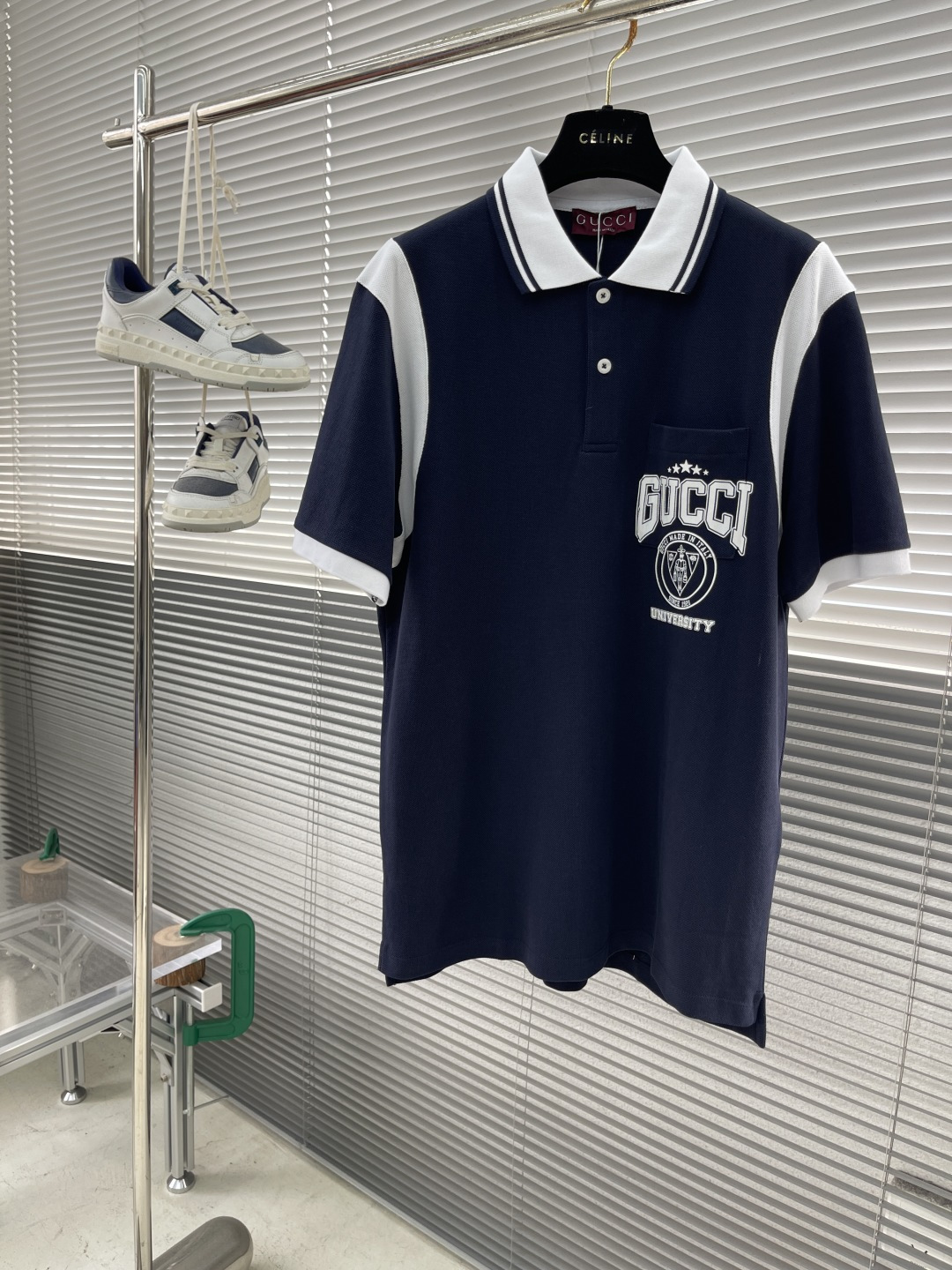 Gucci Men's Navy Blue Polo Shirt with White Trim and University Graphic