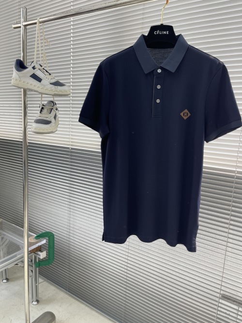 Hermès Men's Navy Polo Shirt - Soft Blend Fabric, Designer Embroidered H Logo 1 Hermès Men's Navy Polo Shirt - Soft Blend Fabric, Designer Embroidered H Logo