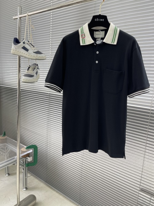Gucci Men's Black Polo Shirt with Striped Trim - Soft & Comfortable 1 Gucci Men's Black Polo Shirt with Striped Trim - Soft & Comfortable