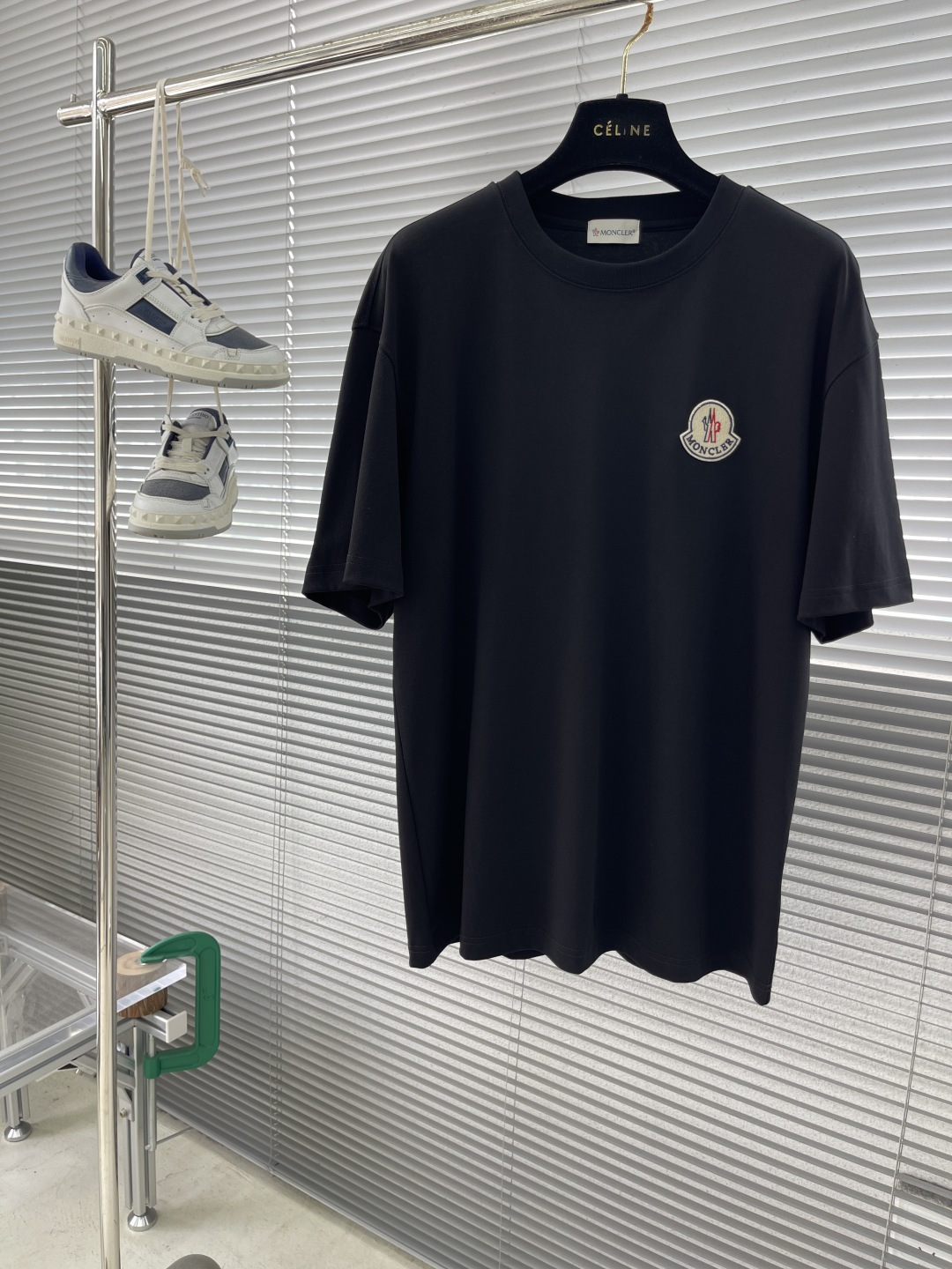 Moncler Men's Black Cotton Short Sleeve T-Shirt with Logo Patch, Casual Fit