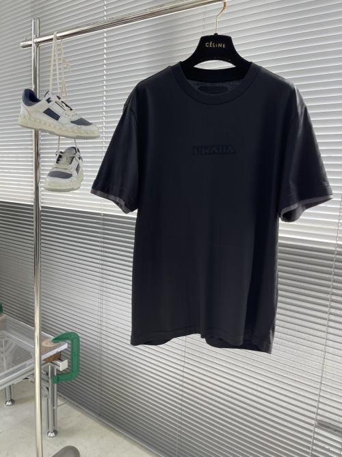 Prada Men's Cotton-Blend T-Shirt with Embroidered Logo and Contrast Trim 1 Prada Men's Cotton-Blend T-Shirt with Embroidered Logo and Contrast Trim