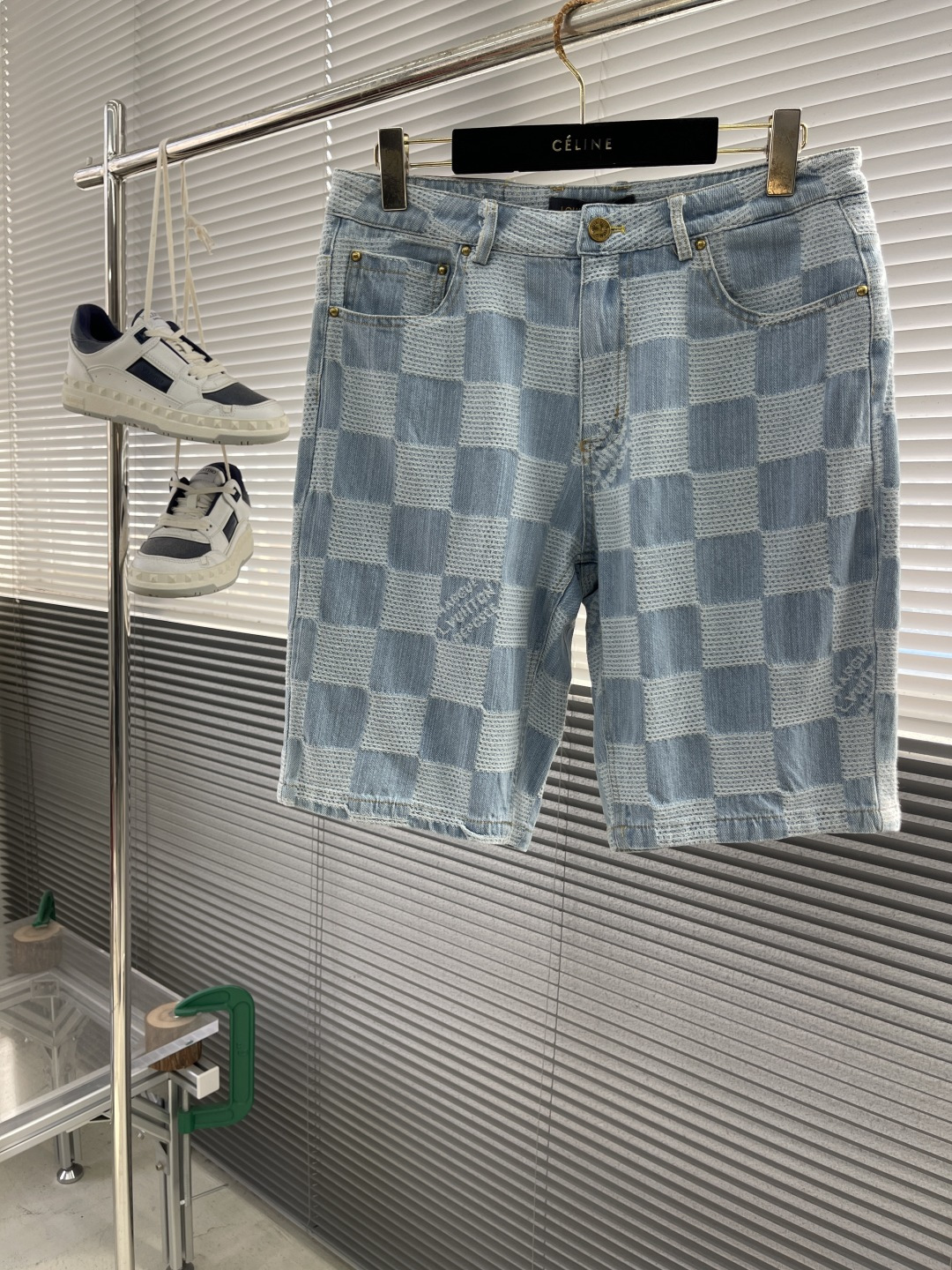 Louis Vuitton 2025 New Men's Denim Shorts, Checkerboard Pattern, Blue, Size M-3XL