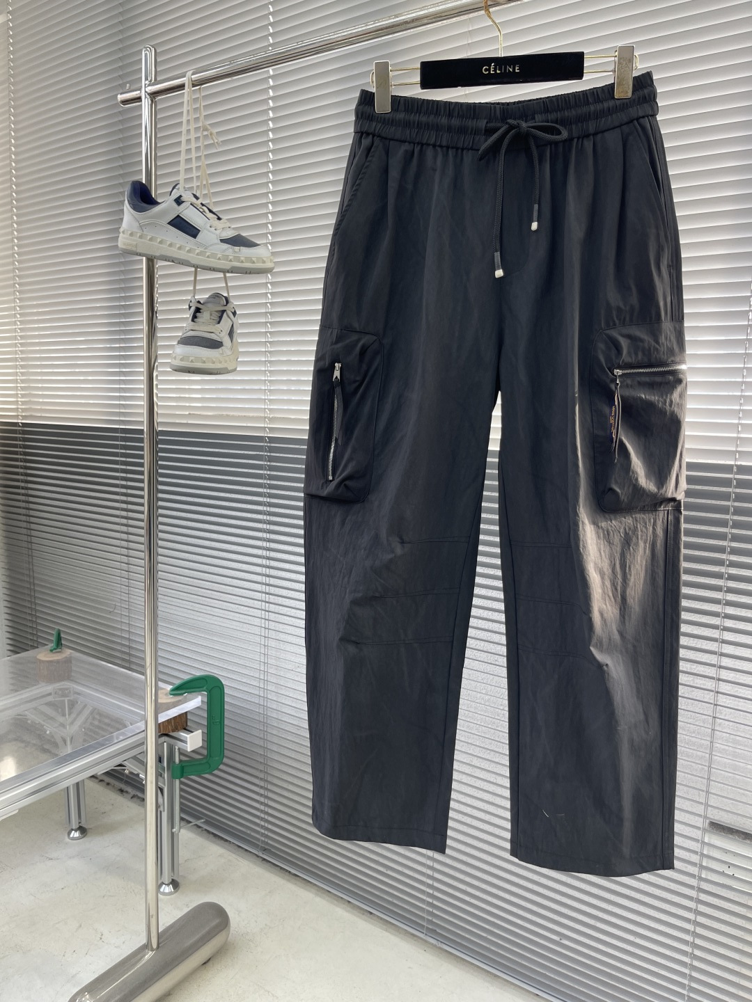 Celine Men's Black Cargo Pants With Zipper Pockets, Drawstring Waist