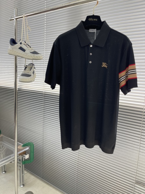 Burberry Men's Black Polo Shirt with Logo and Striped Sleeve Detail 1 Burberry Men's Black Polo Shirt with Logo and Striped Sleeve Detail