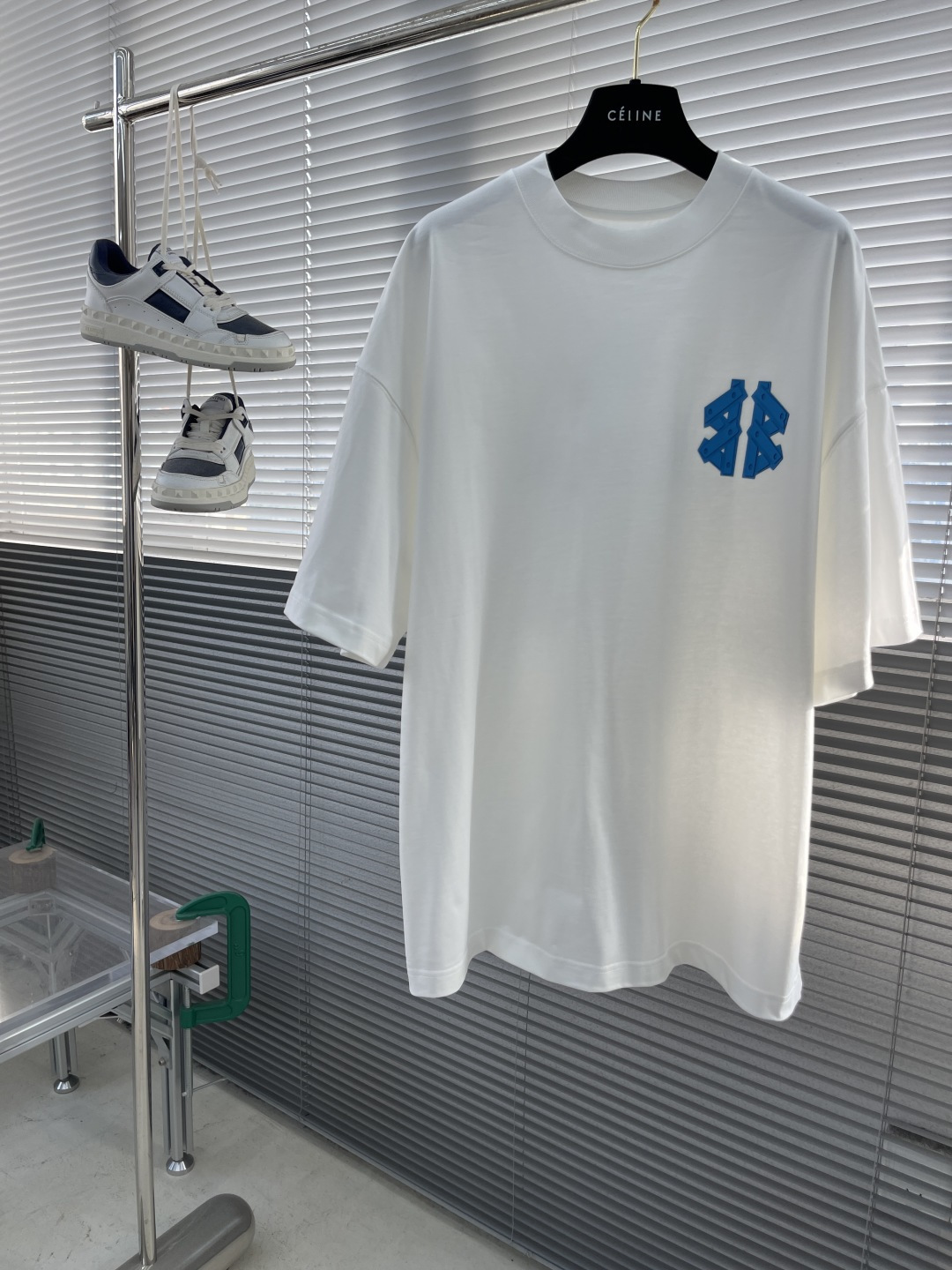 Celine Men's White Cotton Jersey T-Shirt With Blue Graphic Logo