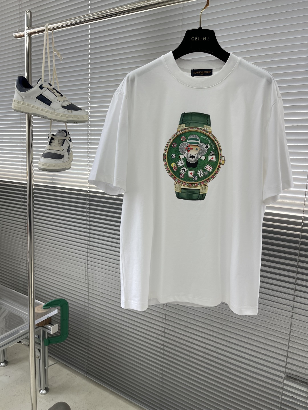 Louis Vuitton Men's White T-Shirt with Green Watch Print - Casual Style