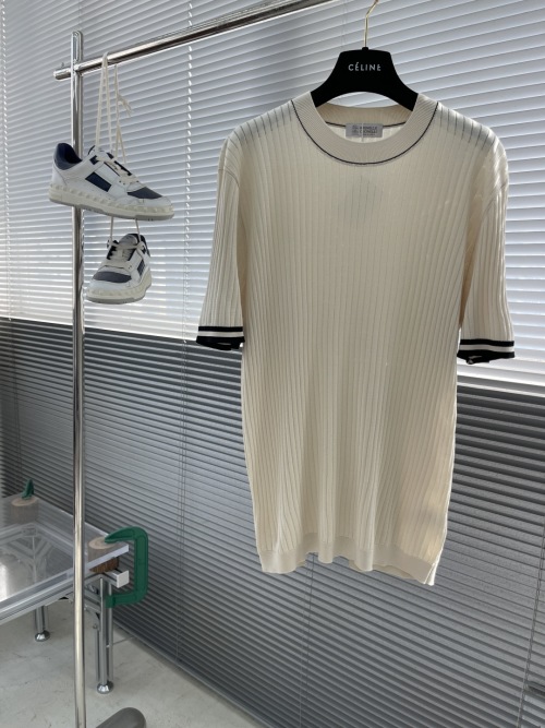 Elegant Knitted T-Shirt with Contrasting Trim - Soft Silk & Cotton Blend 1 Elegant Knitted T-Shirt with Contrasting Trim - Soft Silk & Cotton Blend