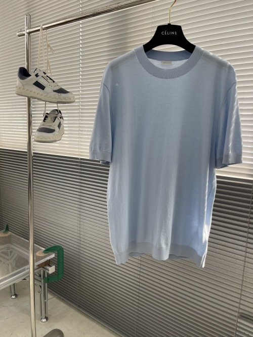 Celine Men's Custom Light Blue Knit T-Shirt | Round Neck Short Sleeve 1 Celine Men's Custom Light Blue Knit T-Shirt | Round Neck Short Sleeve