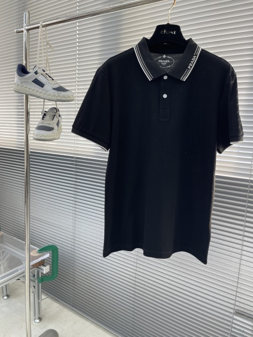 Prada Men's Black Piqué Cotton Polo Shirt with Jacquard Collar Logo 1 Prada Men's Black Piqué Cotton Polo Shirt with Jacquard Collar Logo