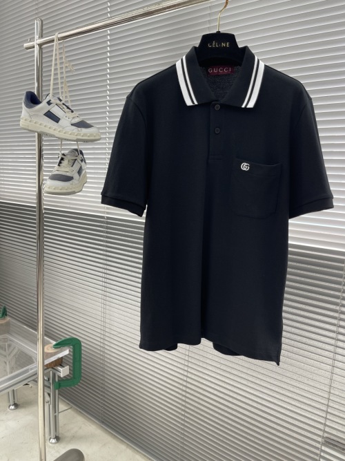 Gucci Men's Black Stretch Cotton Piqué Polo Shirt with White Collar 1 Gucci Men's Black Stretch Cotton Piqué Polo Shirt with White Collar