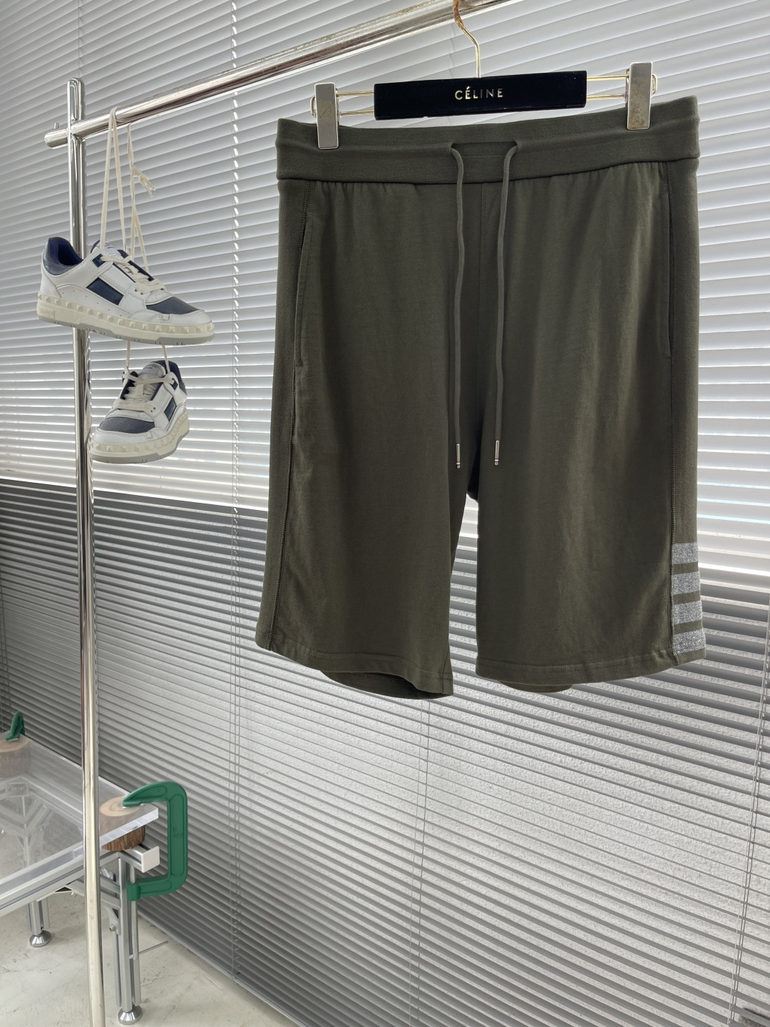 Celine Men's Olive Green Cotton Shorts with Four-Bar Striped Design