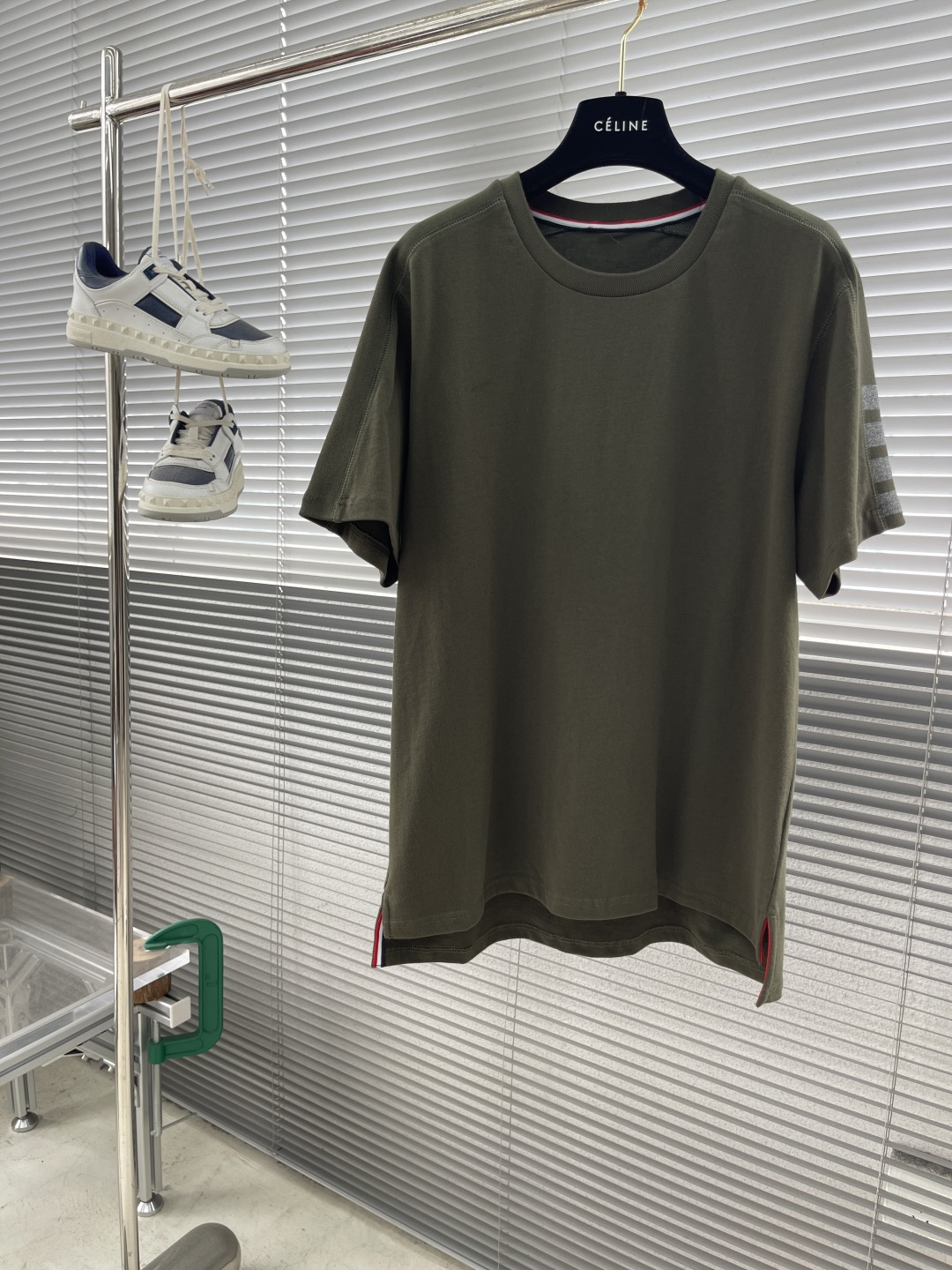 Thom Browne Olive Green Cotton T-Shirt with Signature 4-Bar Stripe Detail