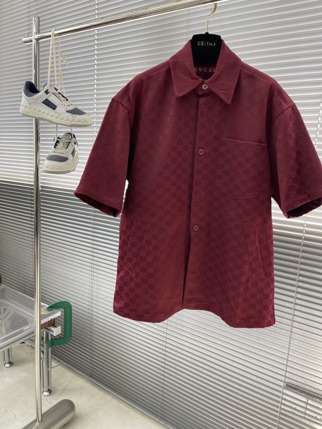 Gucci Jacquard Cotton Shirt - Relaxed Fit, Wine Red, Short Sleeve