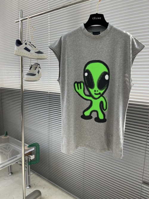 Balenciaga Alien Graphic Sleeveless T-Shirt - Distressed Grey Cotton Top 1 Balenciaga Alien Graphic Sleeveless T-Shirt - Distressed Grey Cotton Top
