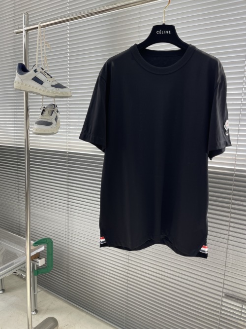 Moncler Men's Black Cotton T-Shirt with Logo Patch and Striped Hem 1 Moncler Men's Black Cotton T-Shirt with Logo Patch and Striped Hem