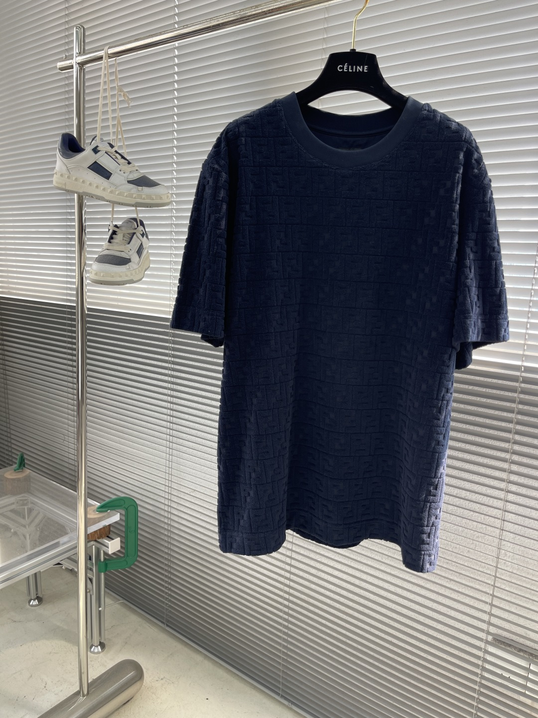 Celine Men's Navy Blue FF Textured Jacquard Short Sleeve T-Shirt