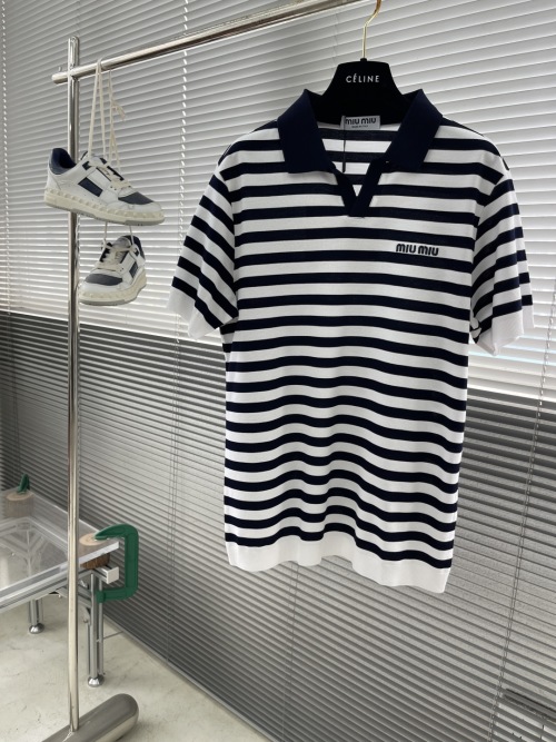 Miu Miu Men's Striped Piqué Polo Shirt - Short Sleeve, Embroidered Logo 1 Miu Miu Men's Striped Piqué Polo Shirt - Short Sleeve, Embroidered Logo