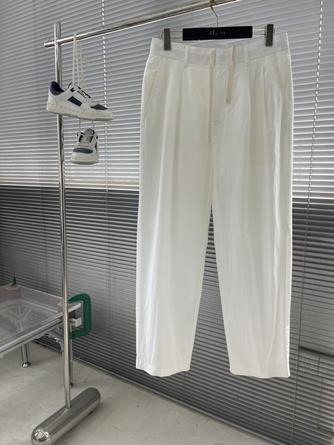 Celine Women's White Cotton Blend Drawstring Cropped Casual Pants