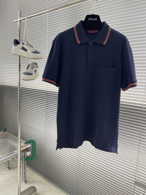Gucci Men's Navy Polo Shirt with Embroidered Pocket and Tri-Color Trim 1 Gucci Men's Navy Polo Shirt with Embroidered Pocket and Tri-Color Trim