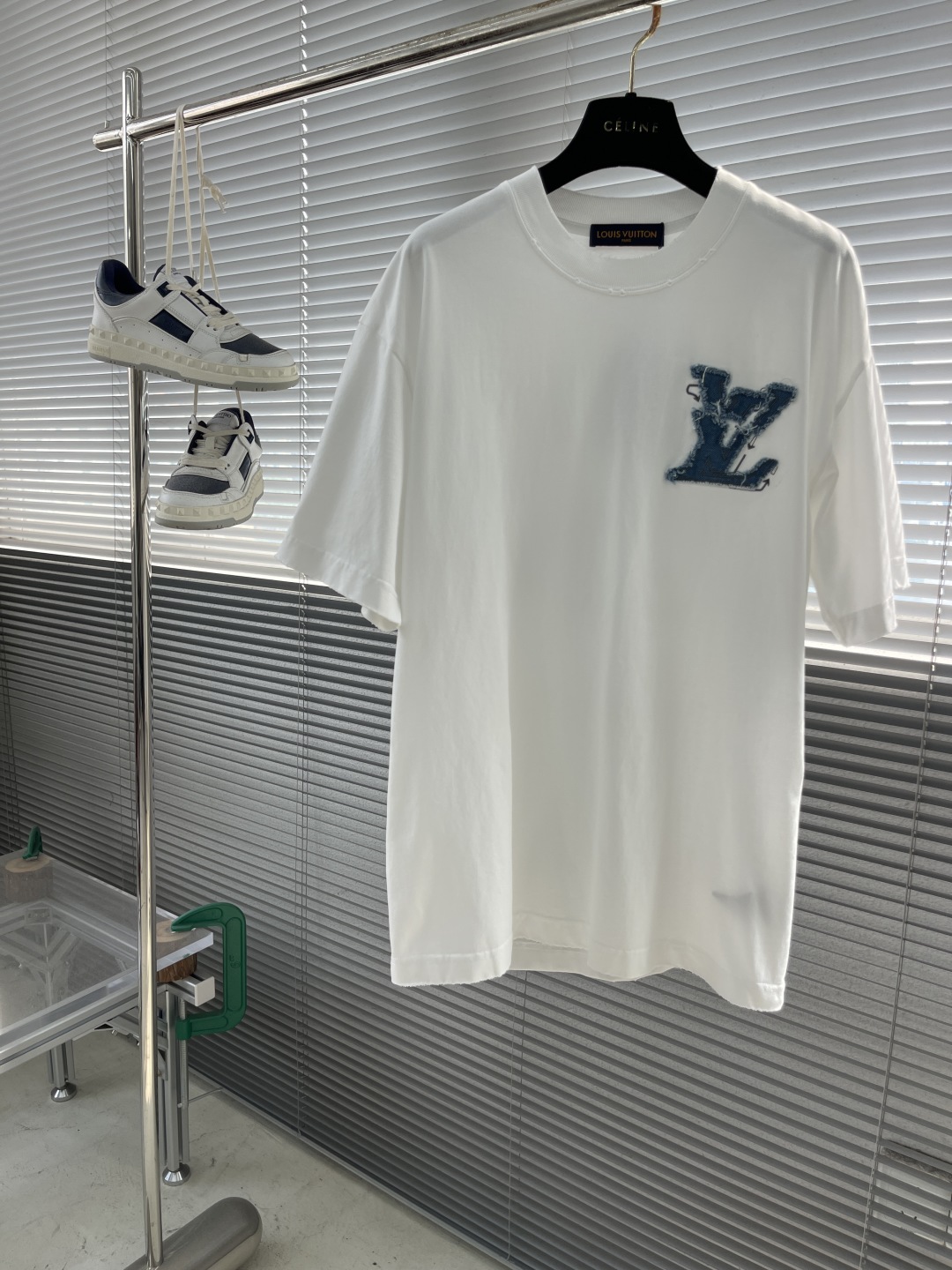 Louis Vuitton Men's White Cotton T-Shirt with Blue Logo Patch, Short Sleeve