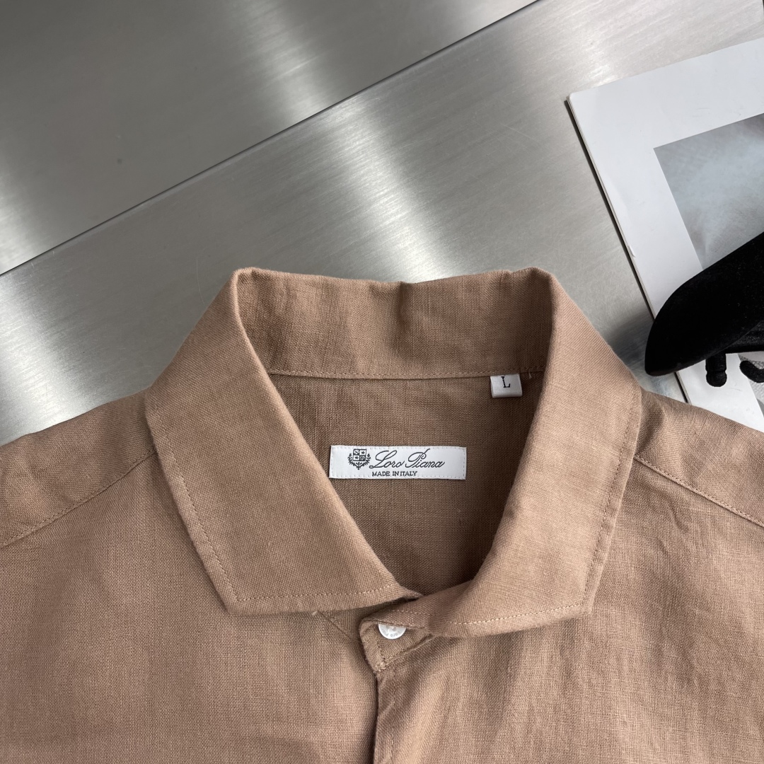 

-Loro Piana   25SS春夏新款进口亚麻面料纯色翻领衬衣，男士简约logo刺绣标识商务休
