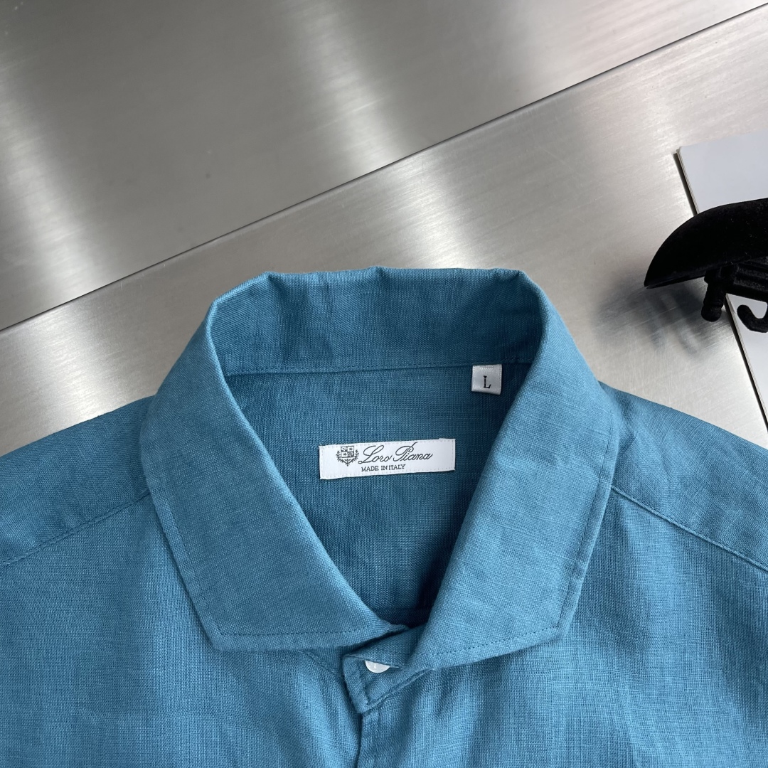 

-Loro Piana   25SS春夏新款进口亚麻面料纯色翻领衬衣，男士简约logo刺绣标识商务休