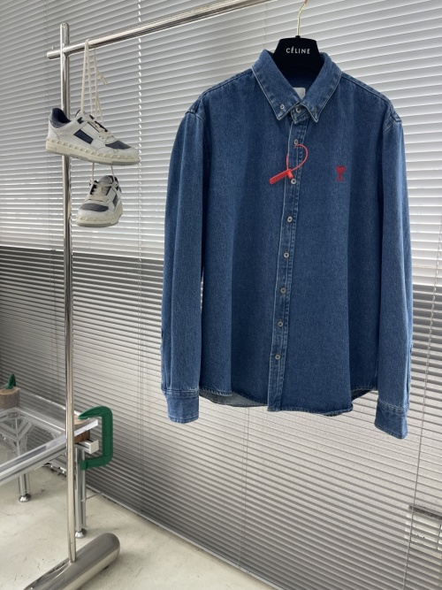 Ami Paris Denim Shirt Jacket with Embroidered Heart Logo, Button Down Closure
