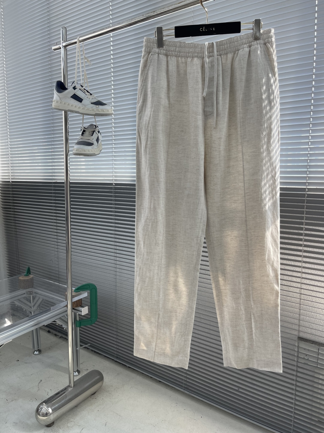 Celine 25SS Beige Linen Blend Casual Trousers Elastic Waistband