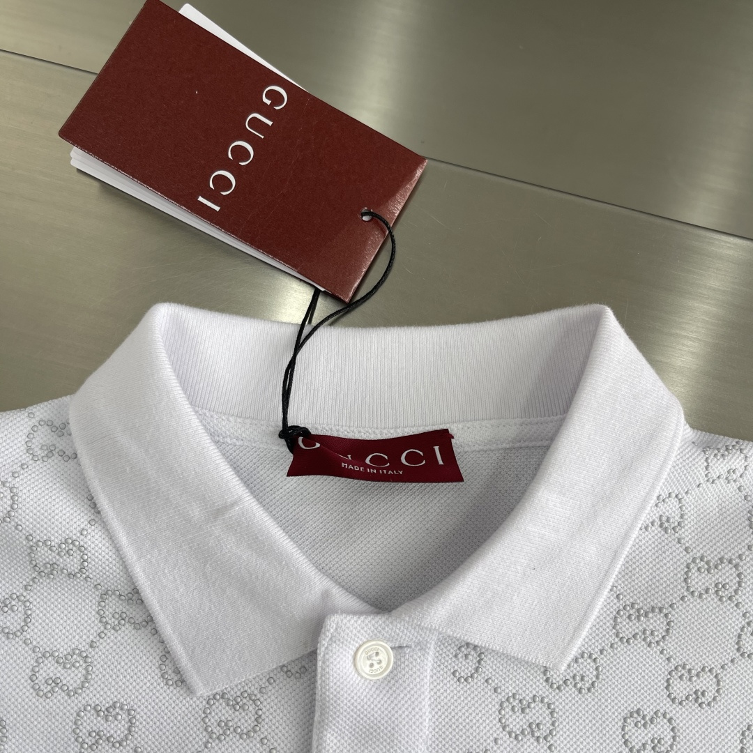 -GUCC 25ss新款方领珍珠POLO衫，纯色 高版本码数：S.M.L.XL衣长71737577肩宽4