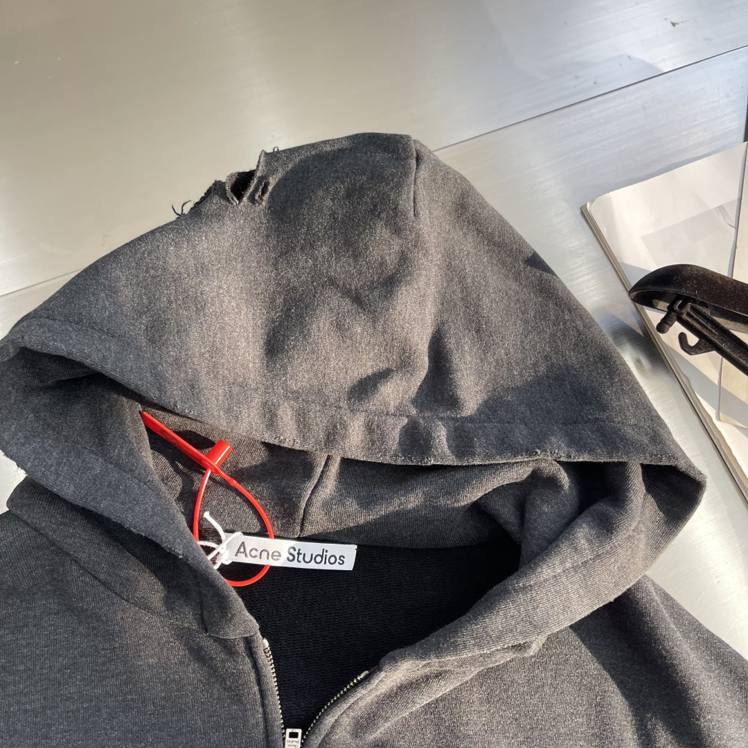 -Acne Studios 破洞做旧徽标拉链外套定制定染1:1灰绿臻柔棉彩棉卫衣料 【面布与毛圈底呈同色