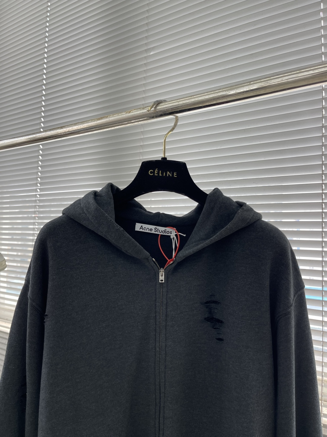 -Acne Studios 破洞做旧徽标拉链外套定制定染1:1灰绿臻柔棉彩棉卫衣料 【面布与毛圈底呈同色