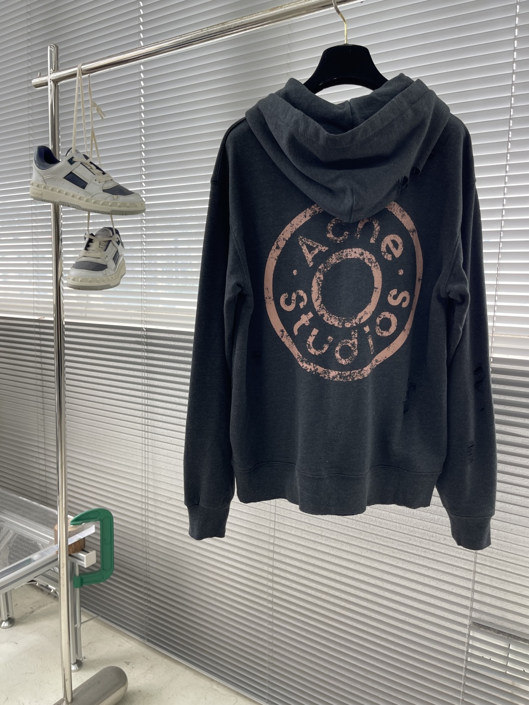 -Acne Studios 破洞做旧徽标拉链外套定制定染1:1灰绿臻柔棉彩棉卫衣料 【面布与毛圈底呈同色