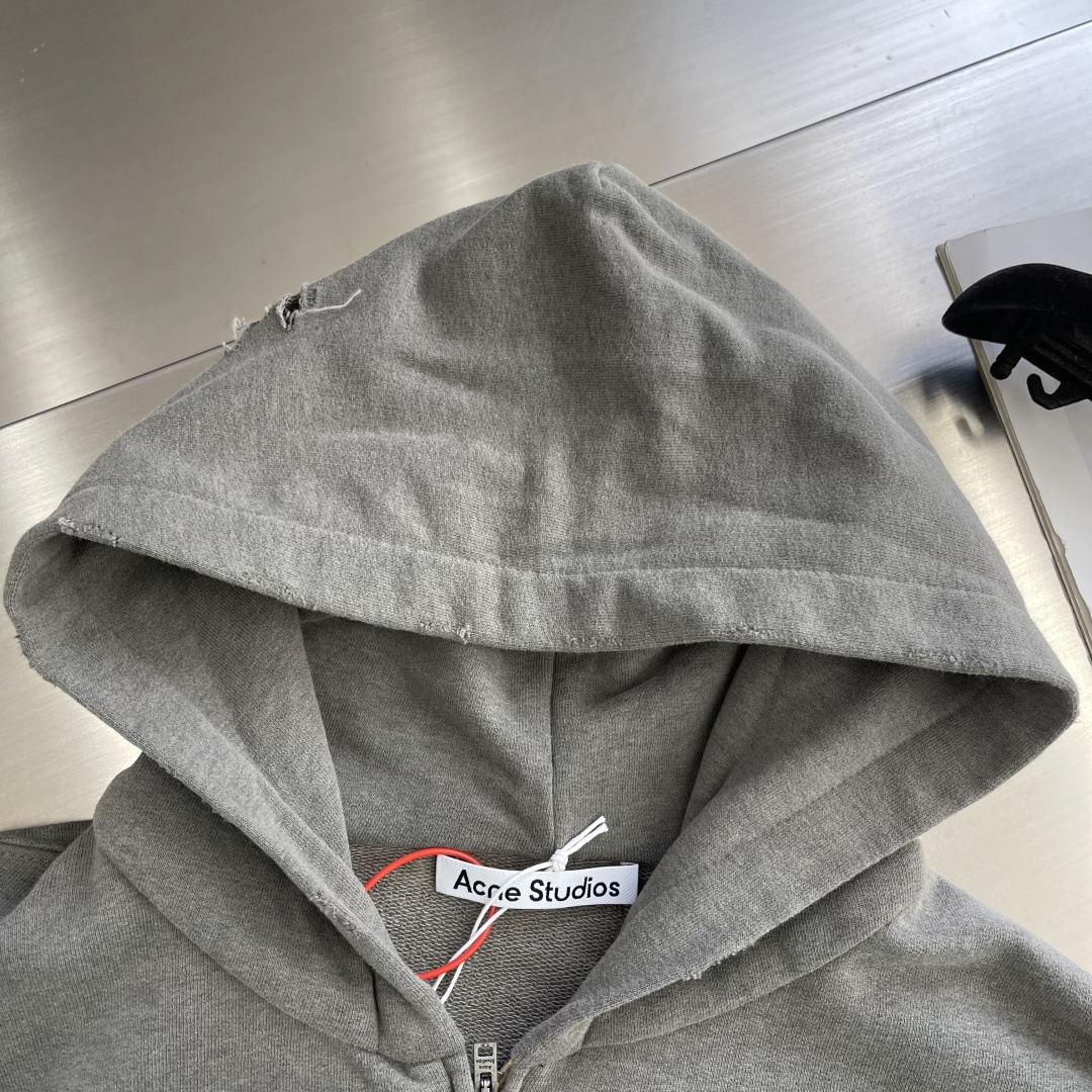 -Acne Studios 破洞做旧徽标拉链外套定制定染1:1灰绿臻柔棉彩棉卫衣料 【面布与毛圈底呈同色