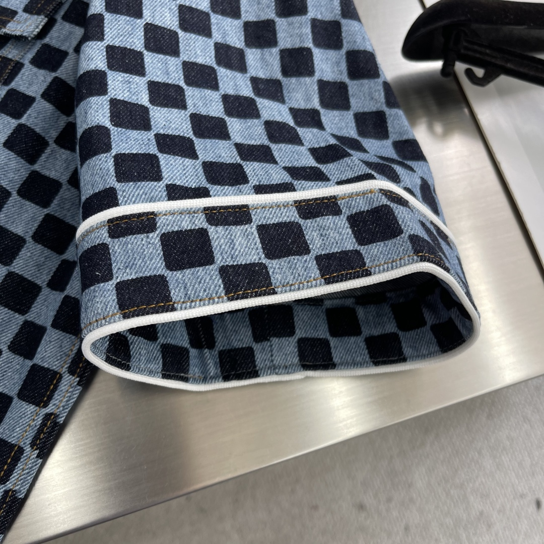 -驴牌 25SS棋盘格牛仔短袖衬衫赛络纺10盎司绳染牛仔面料牛仔拔印 成衣洗褪定制1：1工字扣定制1：1
