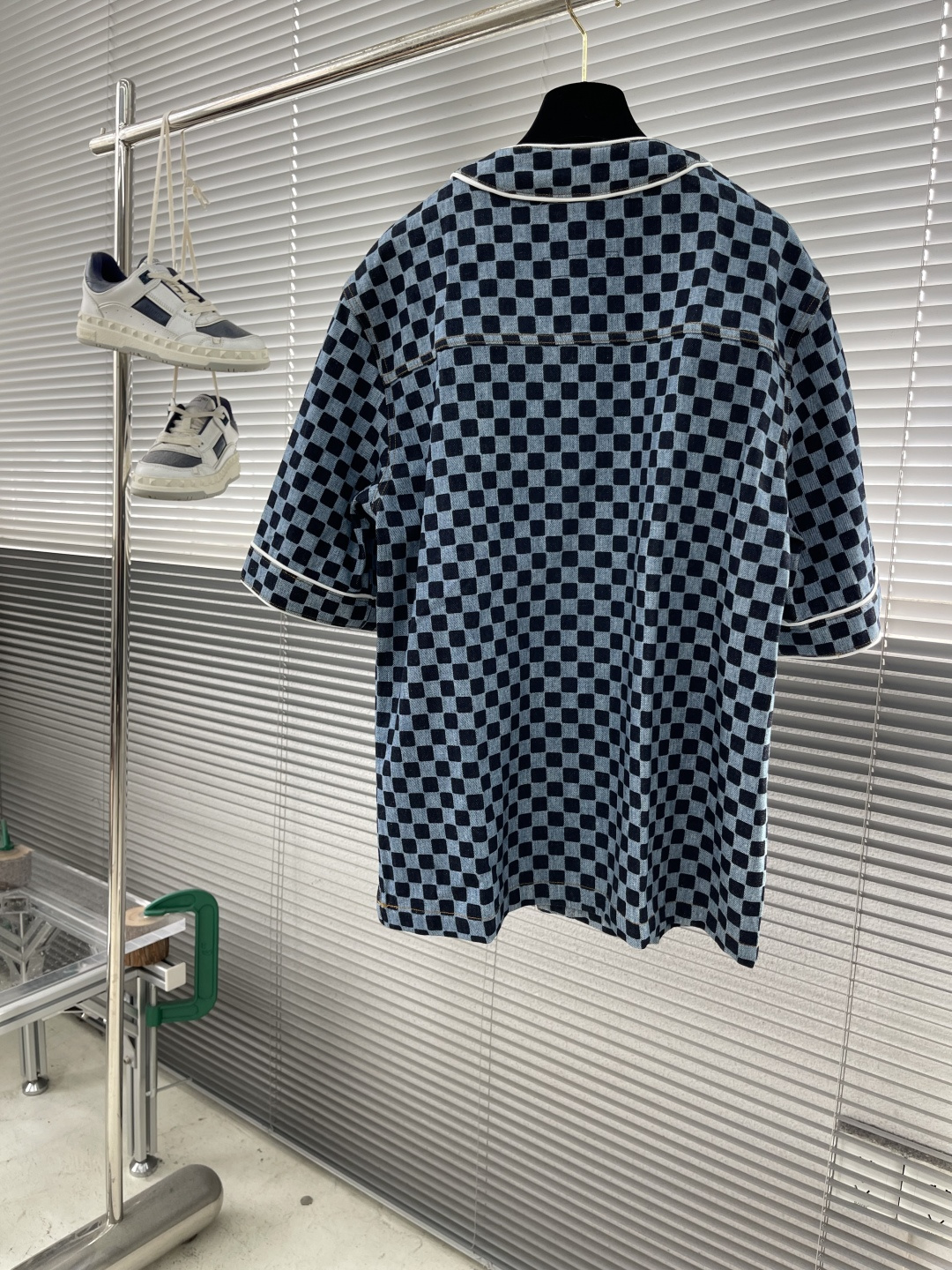 -驴牌 25SS棋盘格牛仔短袖衬衫赛络纺10盎司绳染牛仔面料牛仔拔印 成衣洗褪定制1：1工字扣定制1：1