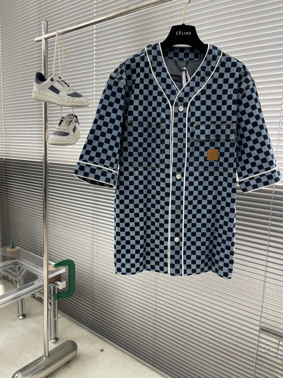 -驴牌 25SS棋盘格牛仔短袖衬衫赛络纺10盎司绳染牛仔面料牛仔拔印 成衣洗褪定制1：1工字扣定制1：1