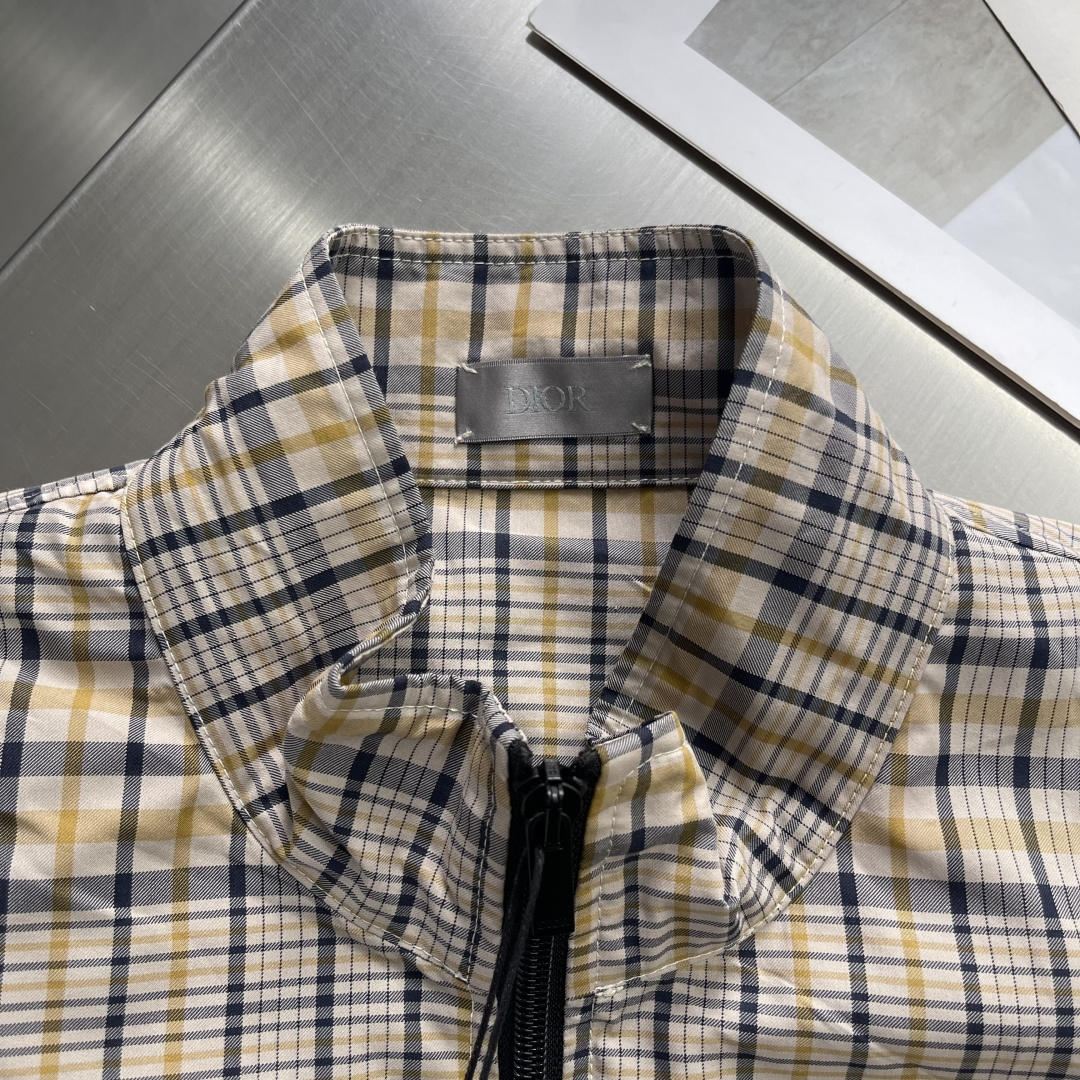 -Dio 25fw新款米色棉质混纺面料格子图案CD Diamond 刺绣拉链夹克衬衫，这款拉链衬衫重新诠