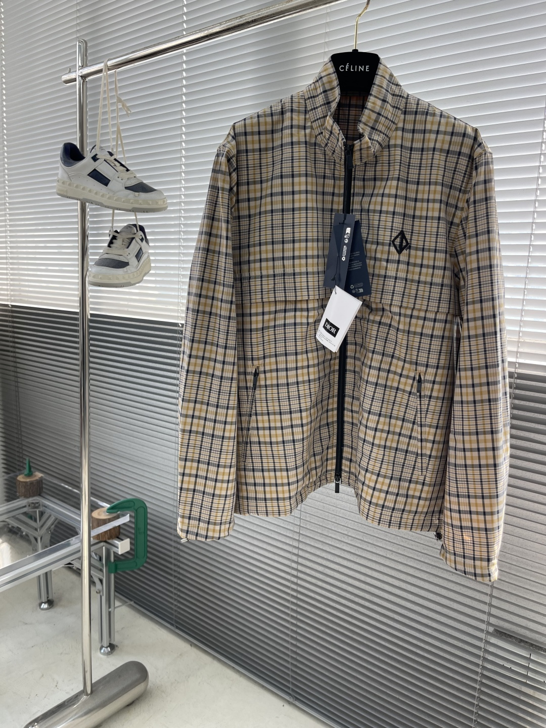 -Dio 25fw新款米色棉质混纺面料格子图案CD Diamond 刺绣拉链夹克衬衫，这款拉链衬衫重新诠