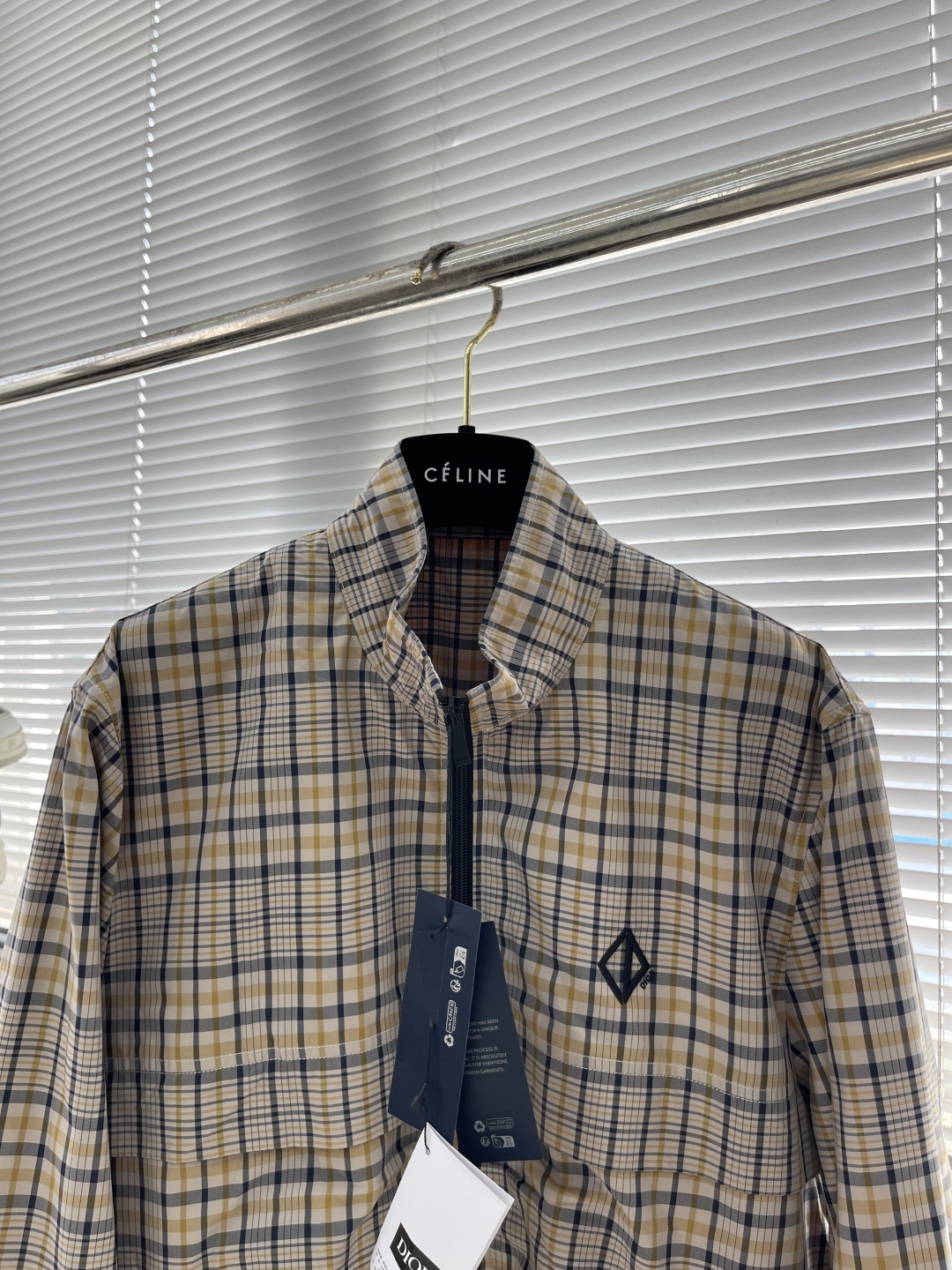 -Dio 25fw新款米色棉质混纺面料格子图案CD Diamond 刺绣拉链夹克衬衫，这款拉链衬衫重新诠