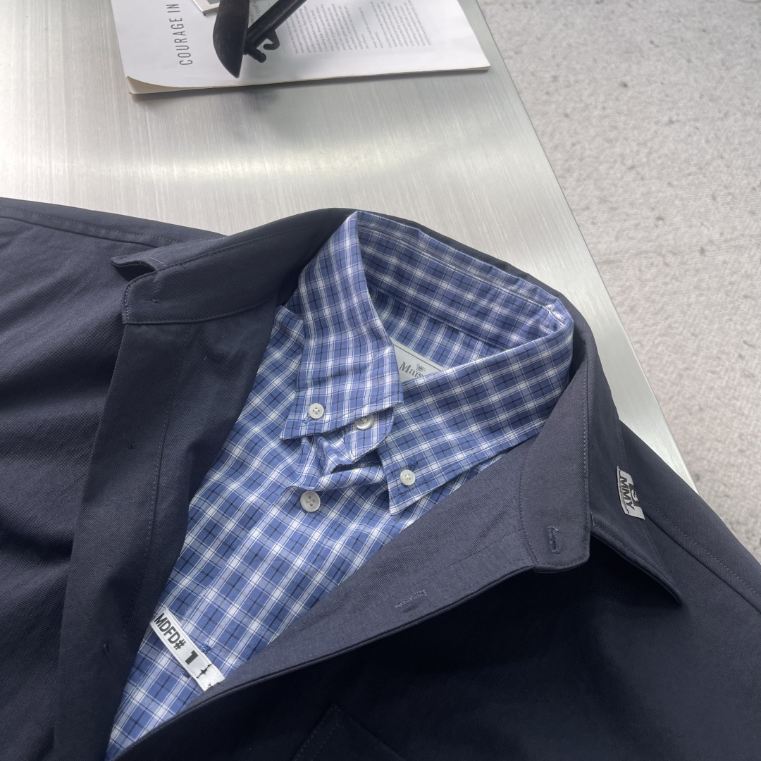 -MMY 2025秋季男士工装格子假两件长袖衬衫内里经典工装条纹，复古又百搭，散发着浓郁的工装风气息，彰