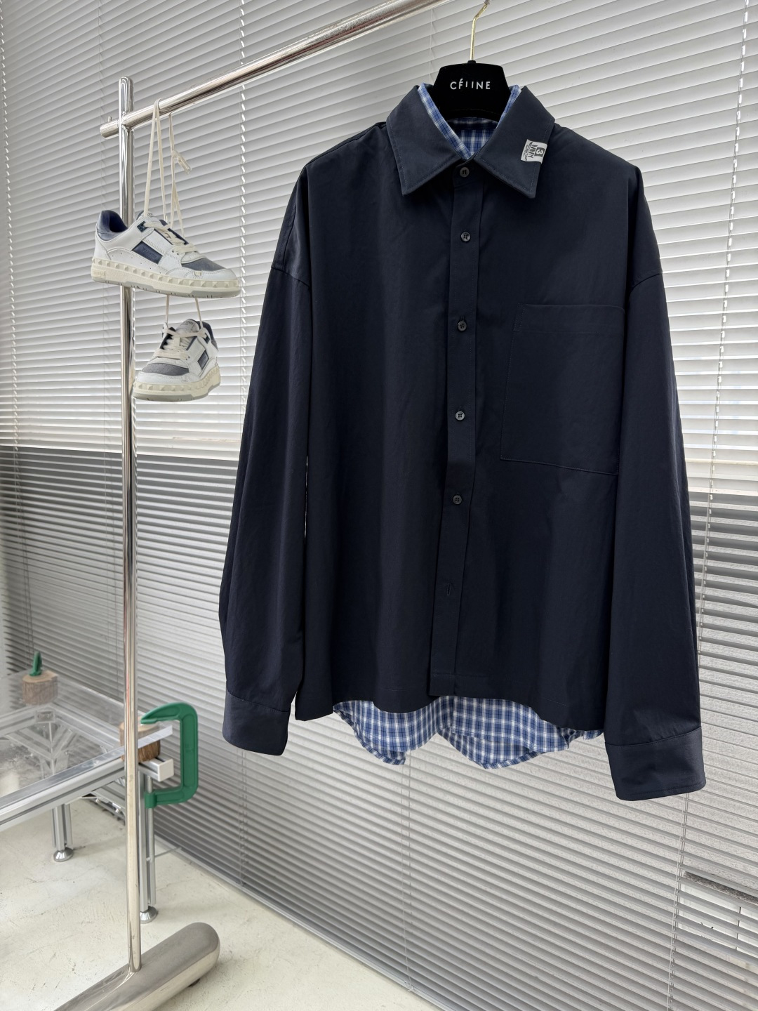 -MMY 2025秋季男士工装格子假两件长袖衬衫内里经典工装条纹，复古又百搭，散发着浓郁的工装风气息，彰