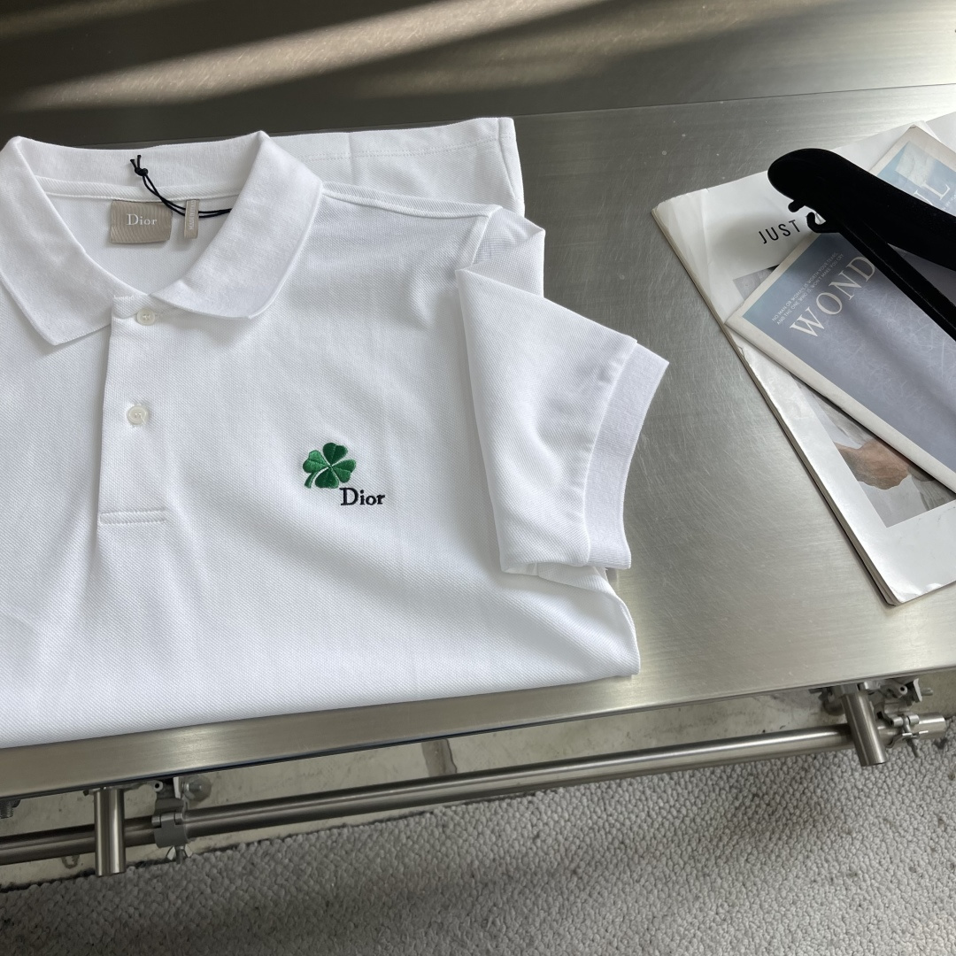 -Dio 26ss新款Polo 衫 黑色棉质珠地布 Dio* Clover 图案刺绣乔纳森·安德森 (J