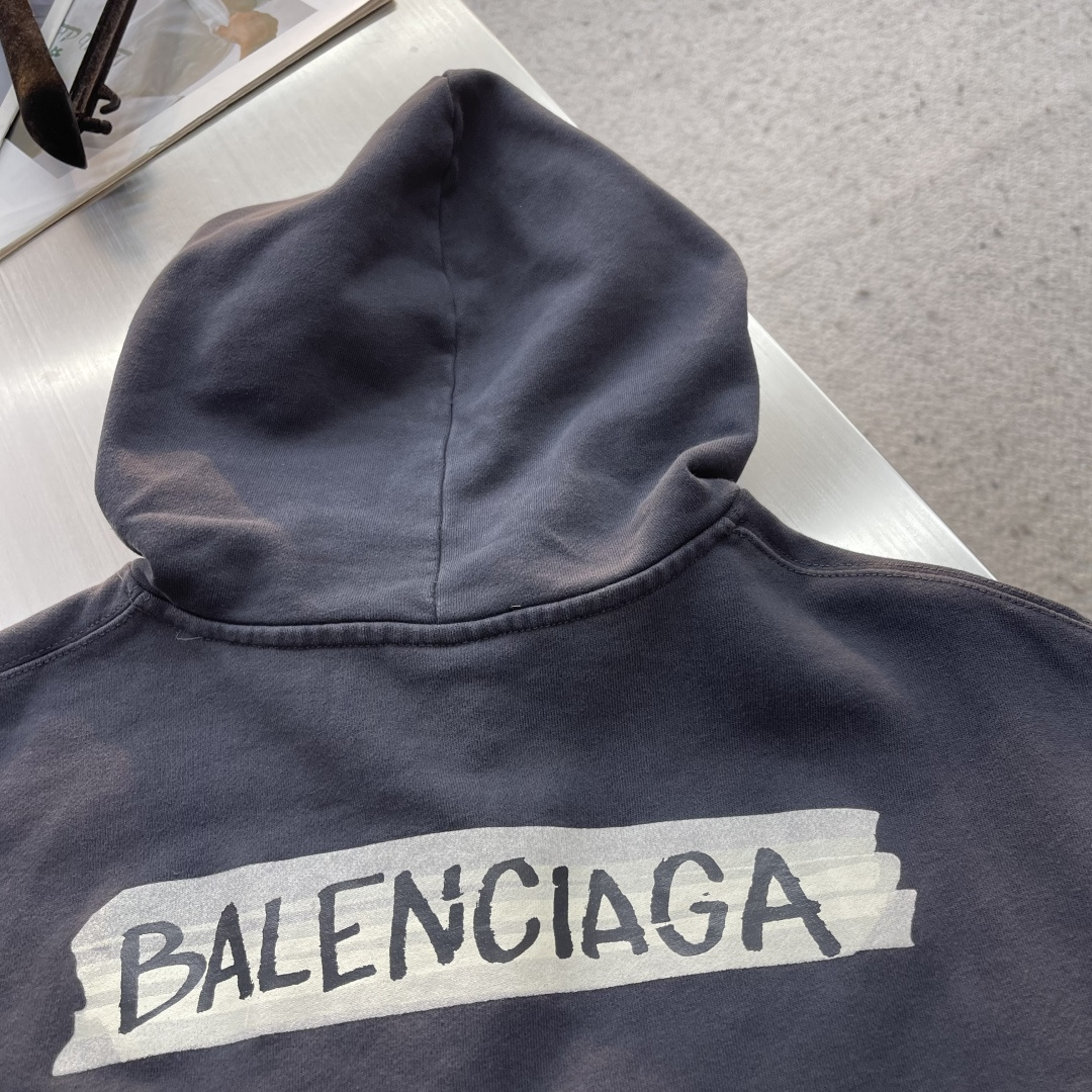 -BALENCIAG 26SS廓形胶浆印花毛圈连帽卫衣420克洗褪毛圈巴黎棉40支精梳棉双纱平纹布200