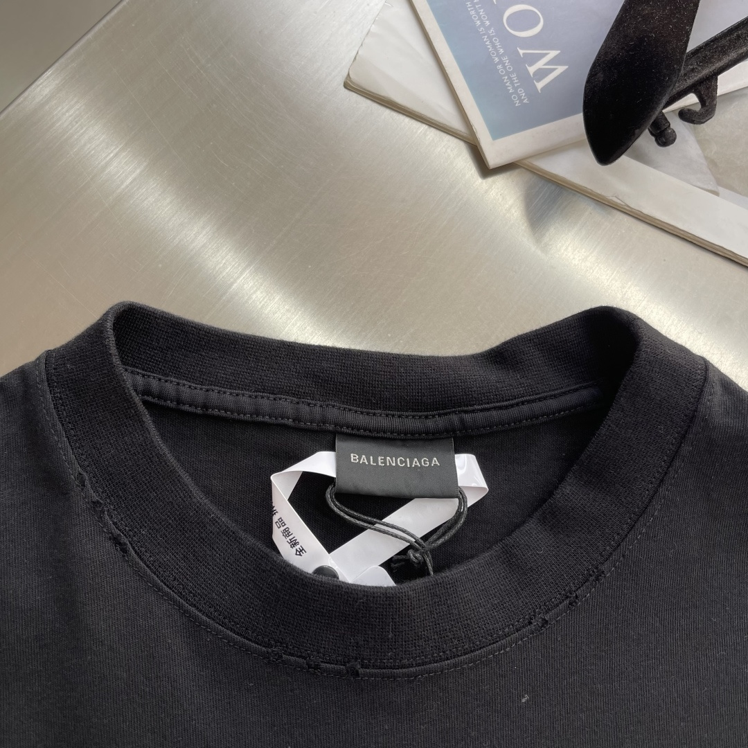 -BALENCIAG 经典圆领数码印花直喷短袖T恤230克100%活性黑极品棉340克十字罗纹面料酵洗数