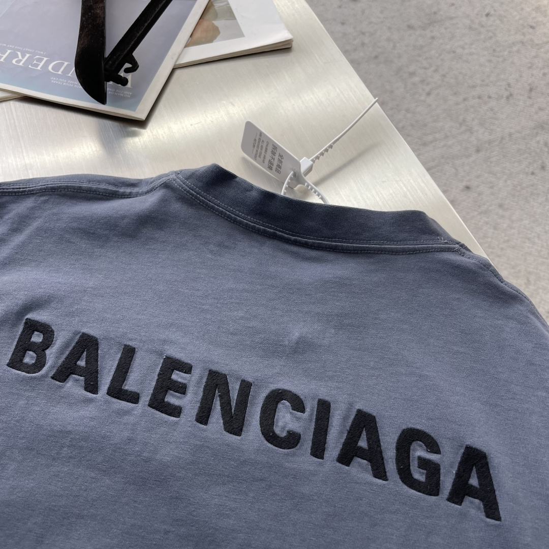-BALENCIAG 26SS图绘褪色效果圆领刺绣短袖T恤32支巴黎棉双纱100%棉280克1*1拉架罗