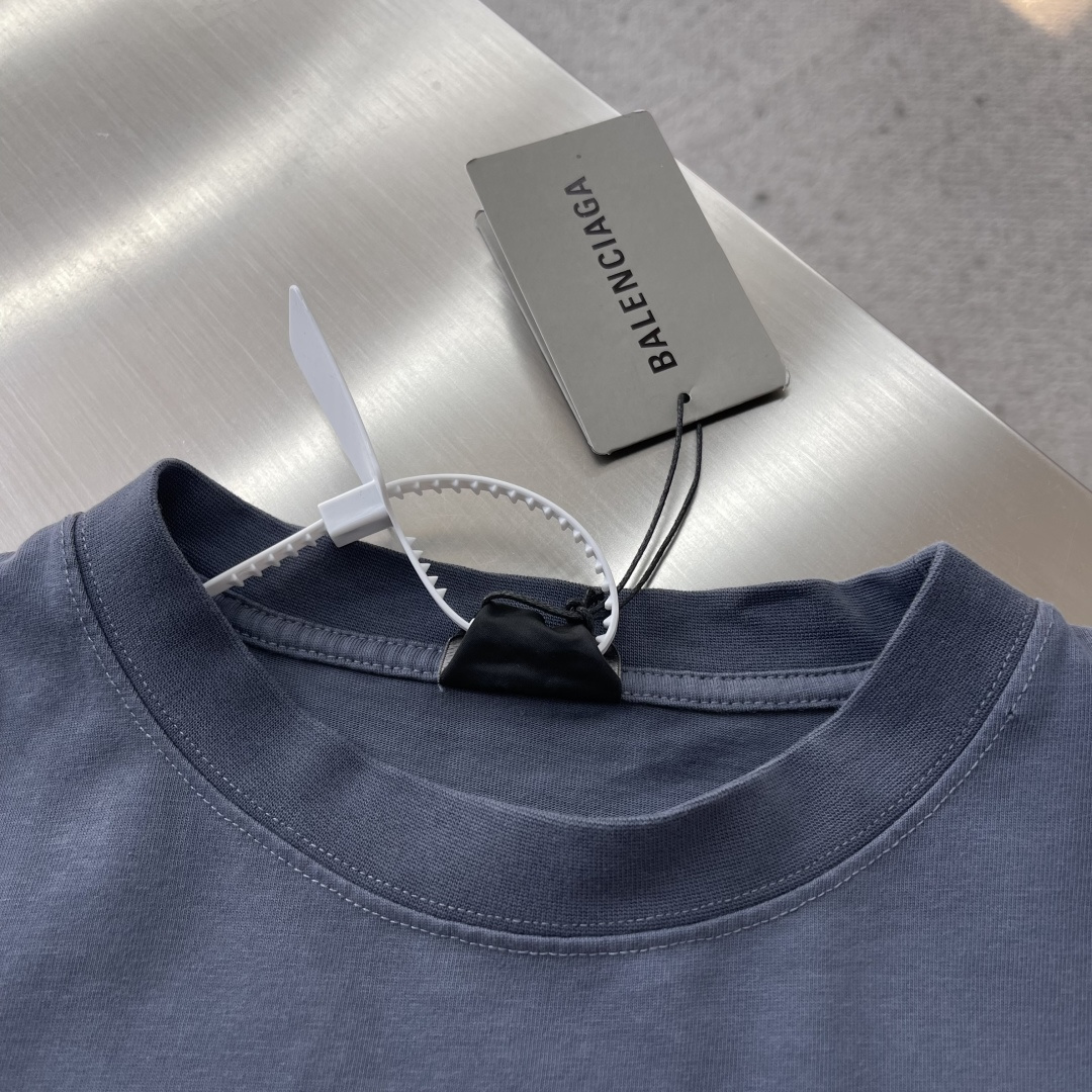 -BALENCIAG 26SS图绘褪色效果圆领刺绣短袖T恤32支巴黎棉双纱100%棉280克1*1拉架罗