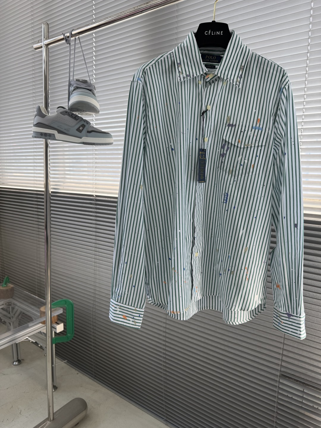 NO:914301,-Ralph Lauren 26 new splash striped cotton long-sleeved shirt, classic version, men's valley green. Size S.M.L.19860909-Ralph Lauren 26新款泼墨条纹棉质长袖 衬衫 经典版 男款 山谷绿. 码数S.M.L.XL. 衣长75.5 77 78.5 80 胸围 112 116 120 124 肩宽47.5 49 50.5 52,,loro piana,shirts,,Men's clothing