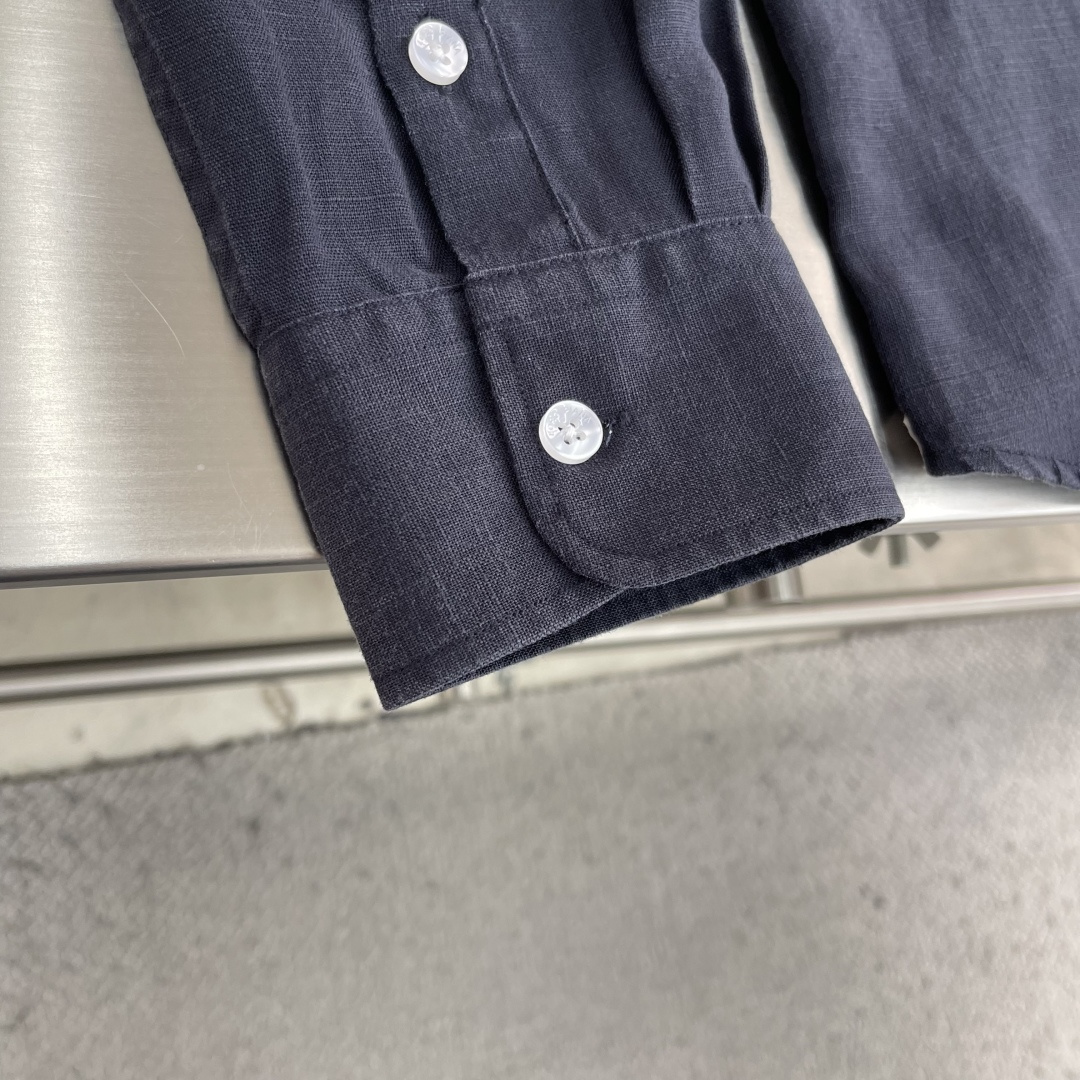 -loro Piana 26SS春夏新款进口亚麻面料纯色翻领衬衣，男士简约logo刺绣标识商务休闲百搭长