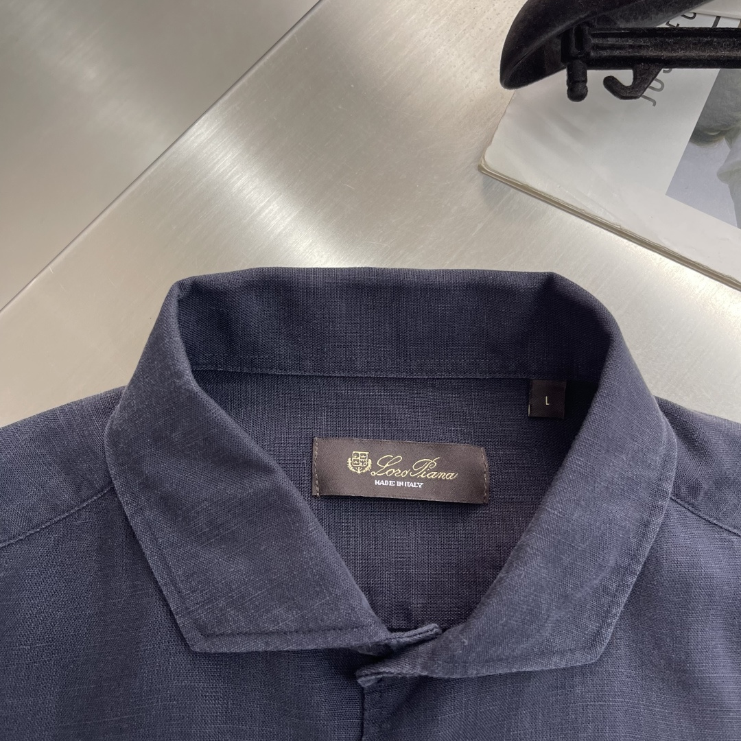 -loro Piana 26SS春夏新款进口亚麻面料纯色翻领衬衣，男士简约logo刺绣标识商务休闲百搭长