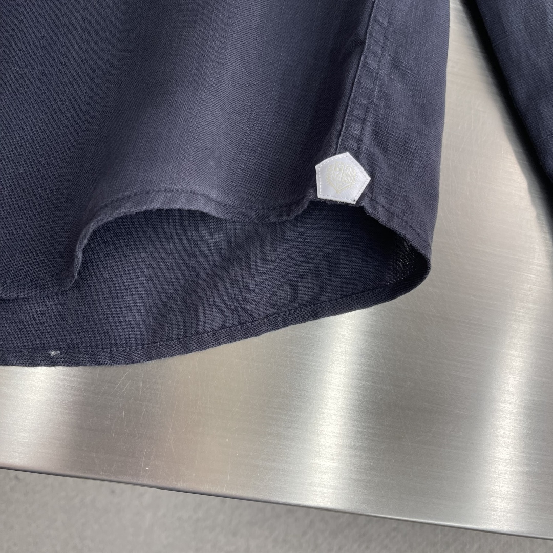 -loro Piana 26SS春夏新款进口亚麻面料纯色翻领衬衣，男士简约logo刺绣标识商务休闲百搭长
